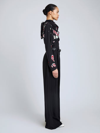 Proenza Schouler Side full length image of model wearing Ysabelle Top In Printed Silk Viscose in Black Multi