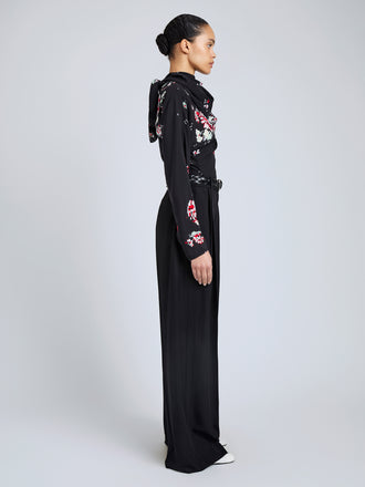 Proenza Schouler Side full length image of model wearing Ysabelle Top In Printed Silk Viscose in Black Multi