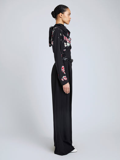 Proenza Schouler Side full length image of model wearing Ysabelle Top In Printed Silk Viscose in Black Multi