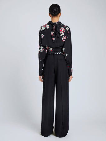 Proenza Schouler Back full length image of model wearing Ysabelle Top In Printed Silk Viscose in Black Multi