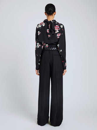 Proenza Schouler Back full length image of model wearing Ysabelle Top In Printed Silk Viscose in Black Multi