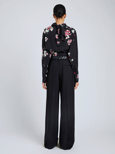 Proenza Schouler Back full length image of model wearing Ysabelle Top In Printed Silk Viscose in Black Multi