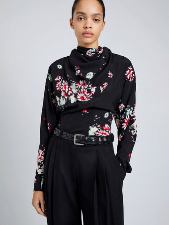 Proenza Schouler Detail image of model wearing Ysabelle Top In Printed Silk Viscose in Black Multi