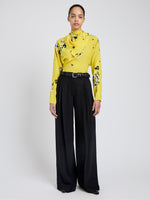 Proenza Schouler Front full length image of model wearing Ysabelle Top In Printed Silk Viscose in Yellow Multi