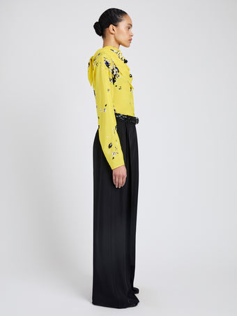 Proenza Schouler Side full length image of model wearing Ysabelle Top In Printed Silk Viscose in Yellow Multi
