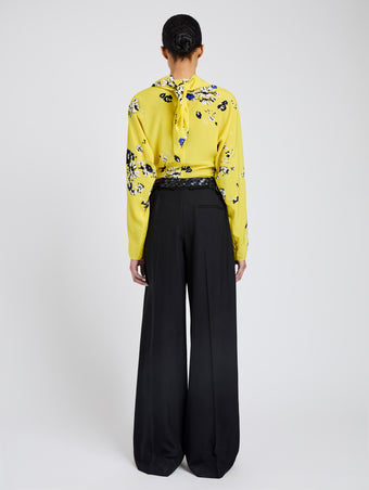 Proenza Schouler Back full length image of model wearing Ysabelle Top In Printed Silk Viscose in Yellow Multi