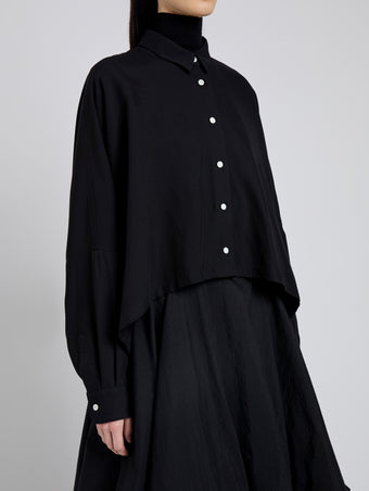 Proenza Schouler Detail image of model wearing Zad Top In Classic Twill in Black