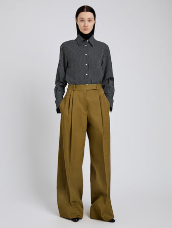 Proenza Schouler Front full length image of model wearing Lynsey Top in Viscose Striped Shirting in Black/White