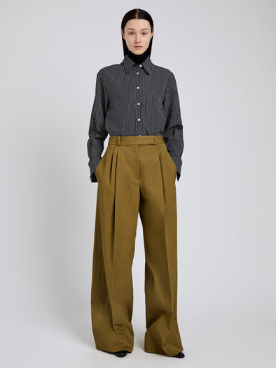 Proenza Schouler Front full length image of model wearing Lynsey Top in Viscose Striped Shirting in Black/White