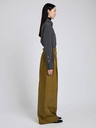 Proenza Schouler Side full length image of model wearing Lynsey Top in Viscose Striped Shirting in Black/White