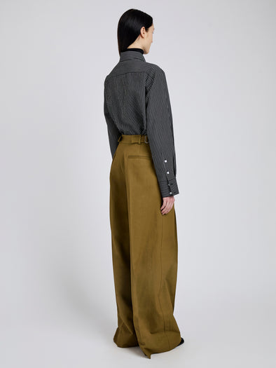 Proenza Schouler Back full length image of model wearing Lynsey Top in Viscose Striped Shirting in Black/White