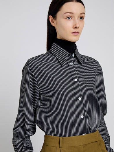 Proenza Schouler Detail image of model wearing Lynsey Top in Viscose Striped Shirting in Black/White