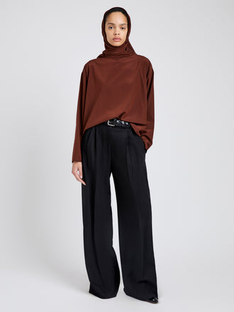 Proenza Schouler Front full length image of model wearing Solene Top In Silk Viscose in Mahogany