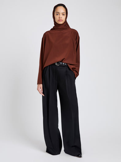 Proenza Schouler Front full length image of model wearing Solene Top In Silk Viscose in Mahogany