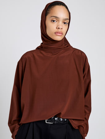 Proenza Schouler Detail image of model wearing Solene Top In Silk Viscose in Mahogany