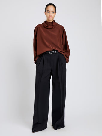 Proenza Schouler Front full length image of model wearing Solene Top In Silk Viscose in Mahogany