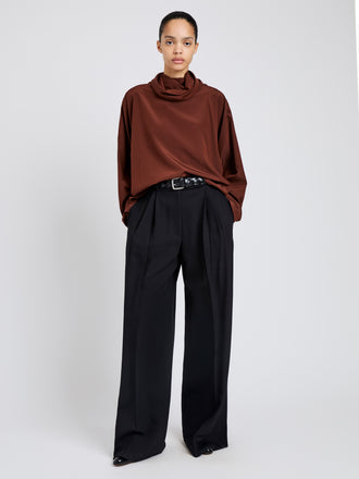 Proenza Schouler Front full length image of model wearing Solene Top In Silk Viscose in Mahogany