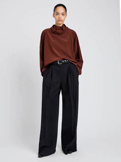 Proenza Schouler Front full length image of model wearing Solene Top In Silk Viscose in Mahogany