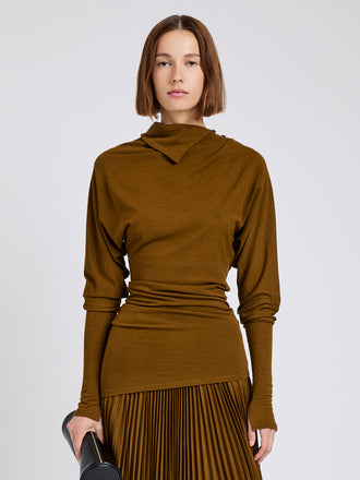 Proenza Schouler Front cropped image of model wearing Golda Top In Jersey in Tobacco