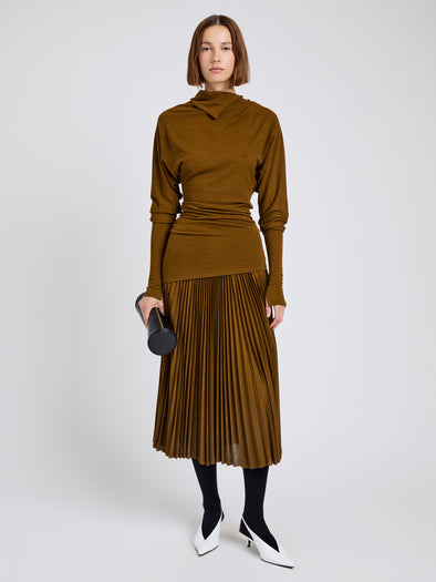 Proenza Schouler Front full length image of model wearing Golda Top In Jersey in Tobacco