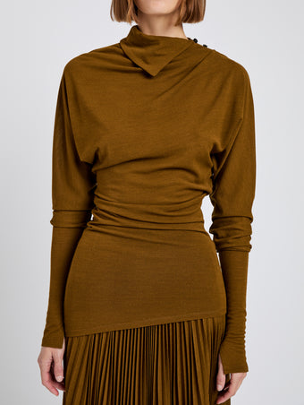 Proenza Schouler Detail image of model wearing Golda Top In Jersey in Tobacco