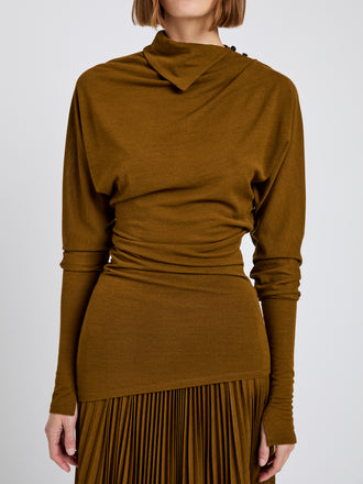 Proenza Schouler Detail image of model wearing Golda Top In Jersey in Tobacco