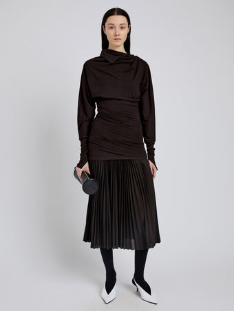 Proenza Schouler Front full length image of model wearing Golda Top In Jersey in Espresso