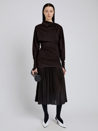 Proenza Schouler Front full length image of model wearing Golda Top In Jersey in Espresso