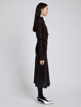 Proenza Schouler Side full length image of model wearing Golda Top In Jersey in Espresso
