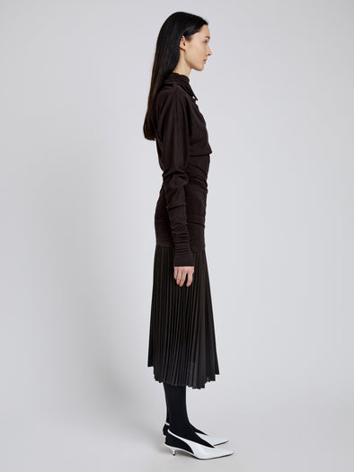 Proenza Schouler Side full length image of model wearing Golda Top In Jersey in Espresso