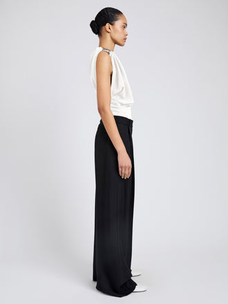 Proenza Schouler Side full length image of model wearing Malika Top In Matte Double Crepe in White