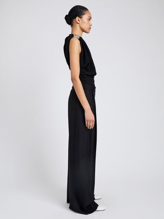 Proenza Schouler Side full length image of model wearing Malika Top In Matte Double Crepe in Black