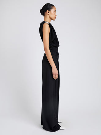 Proenza Schouler Side full length image of model wearing Malika Top In Matte Double Crepe in Black