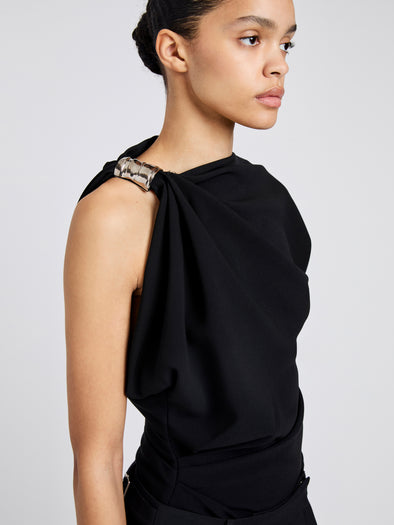 Proenza Schouler Detail image of model wearing Malika Top In Matte Double Crepe in Black