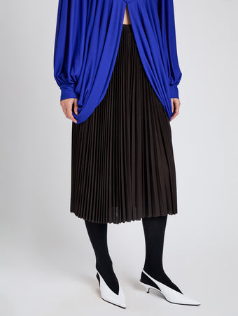 Proenza Schouler Detail image of model wearing Eda Skirt In Jersey in Espresso