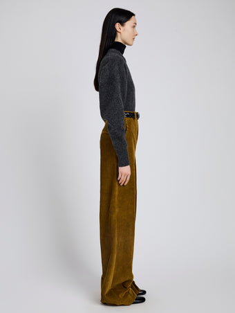 Proenza Schouler Side full length image of model wearing Lidie Pant in Corduroy in Fatigue