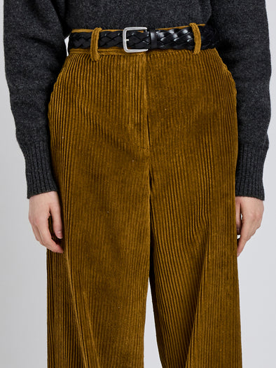 Proenza Schouler Detail image of model wearing Lidie Pant in Corduroy in Fatigue