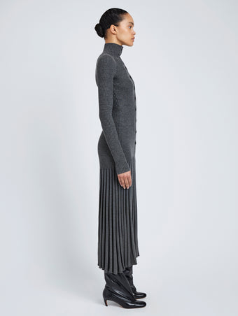 Proenza Schouler Side full length image of model wearing Jada Dress In Superfine Merino in Grey Melange