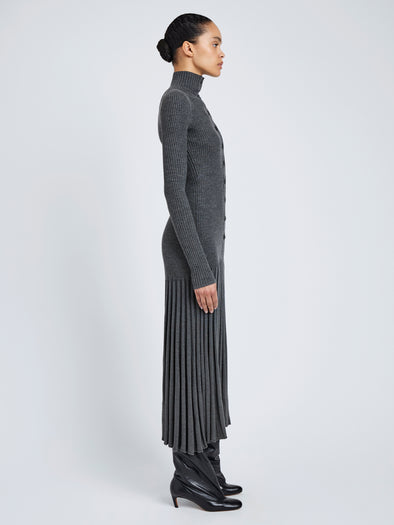 Proenza Schouler Side full length image of model wearing Jada Dress In Superfine Merino in Grey Melange