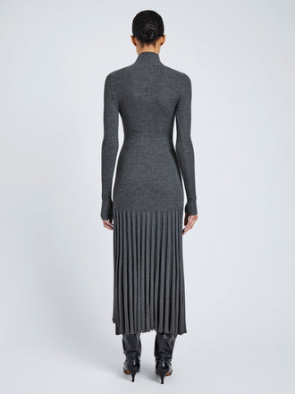 Proenza Schouler Back full length image of model wearing Jada Dress In Superfine Merino in Grey Melange