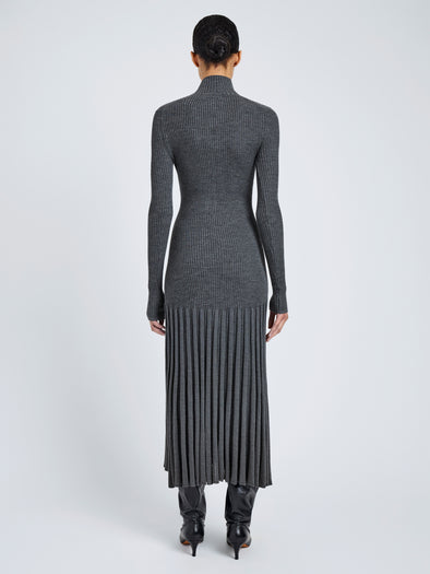 Proenza Schouler Back full length image of model wearing Jada Dress In Superfine Merino in Grey Melange