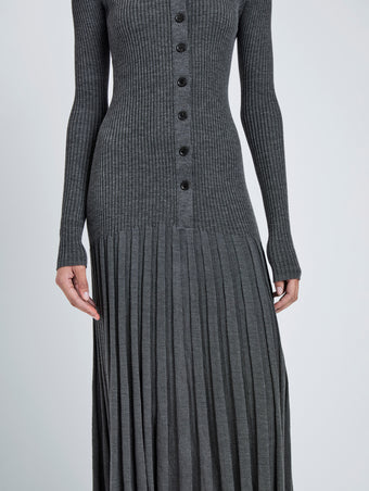 Proenza Schouler Detail image of model wearing Jada Dress In Superfine Merino in Grey Melange