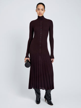 Proenza Schouler Front full length image of model wearing Jada Dress In Superfine Merino in Burgundy