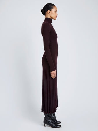 Proenza Schouler Side full length image of model wearing Jada Dress In Superfine Merino in Burgundy