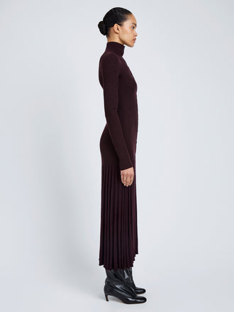 Proenza Schouler Side full length image of model wearing Jada Dress In Superfine Merino in Burgundy