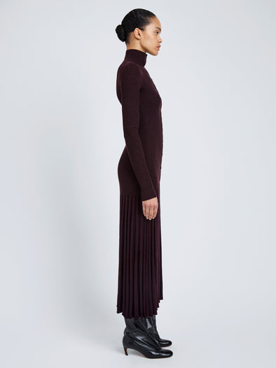 Proenza Schouler Side full length image of model wearing Jada Dress In Superfine Merino in Burgundy