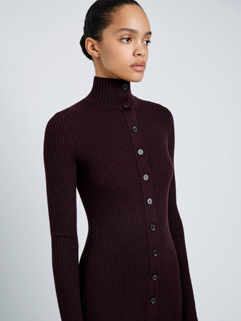 Proenza Schouler Detail image of model wearing Jada Dress In Superfine Merino in Burgundy