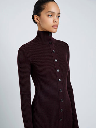 Proenza Schouler Detail image of model wearing Jada Dress In Superfine Merino in Burgundy