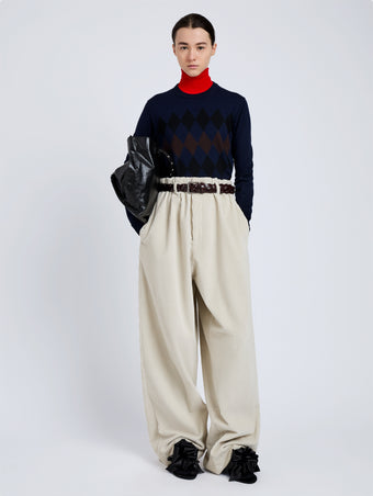 Proenza Schouler Front full length image of model wearing Vivian Top In Argyle Knit in Navy Multi