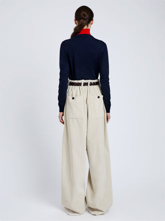 Proenza Schouler Back full length image of model wearing Vivian Top In Argyle Knit in Navy Multi